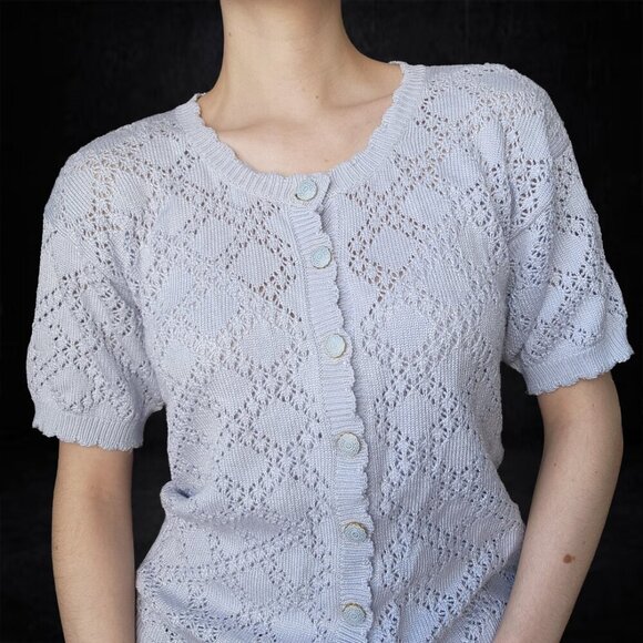 Vintage Sweaters - Vintage 70s pastel blue crochet short-sleeved button-up cardigan ✦ coastal grand